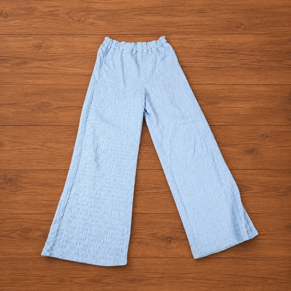 Pants - Grandmacore Textured Wide Leg Pull On Pants Light Blue Crinkle High Rise Vintage